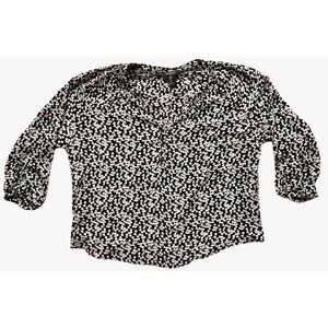Forever 21 Black and White heart Print Blouse Sheer Quarter sleeve top-‎ Size Lg